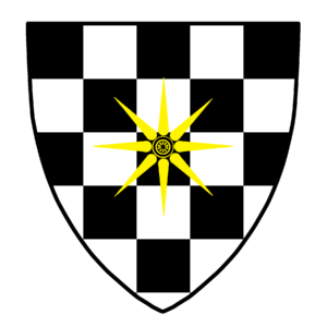 Checky argent and sable, on a mullet of eight points Or an annulet sable